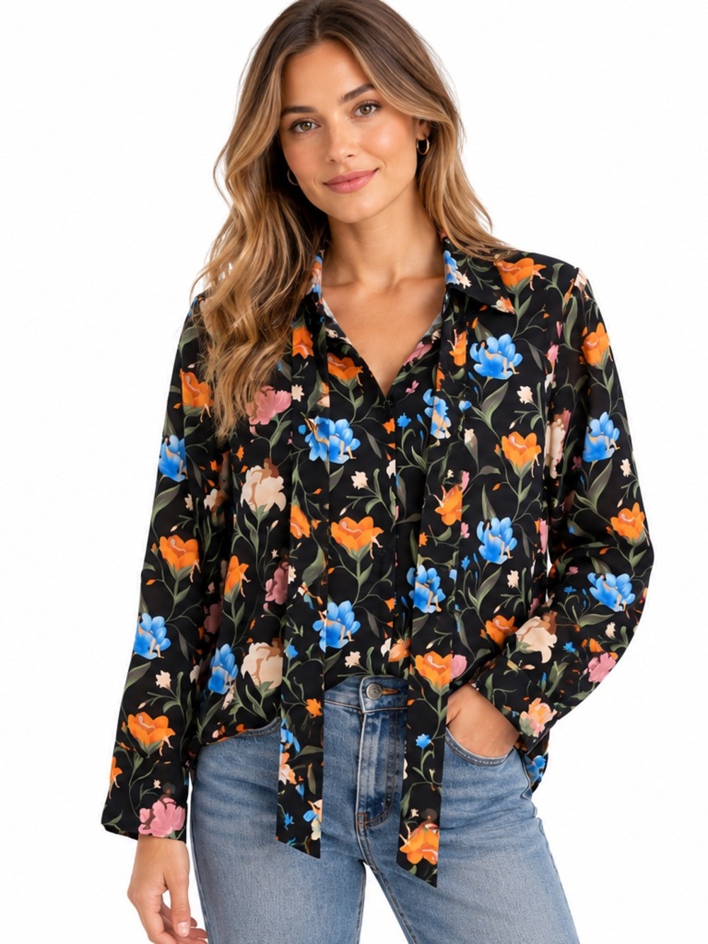 ICÔNE Par Simons XL Black Floral Tie Neck Blouse Romantic Botanical Print
